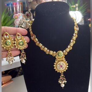 Gold and Green Necklace and Earring Set